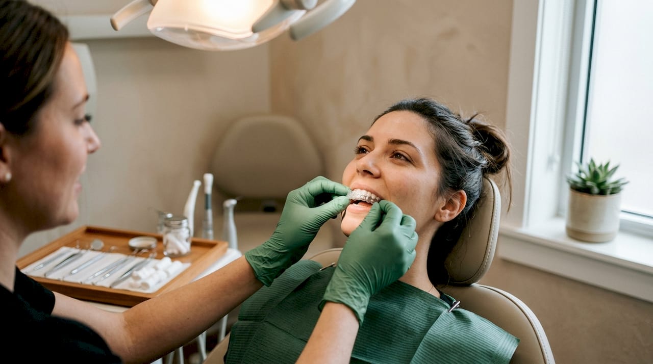 Dentist fitting clear aligner on patient's teeth