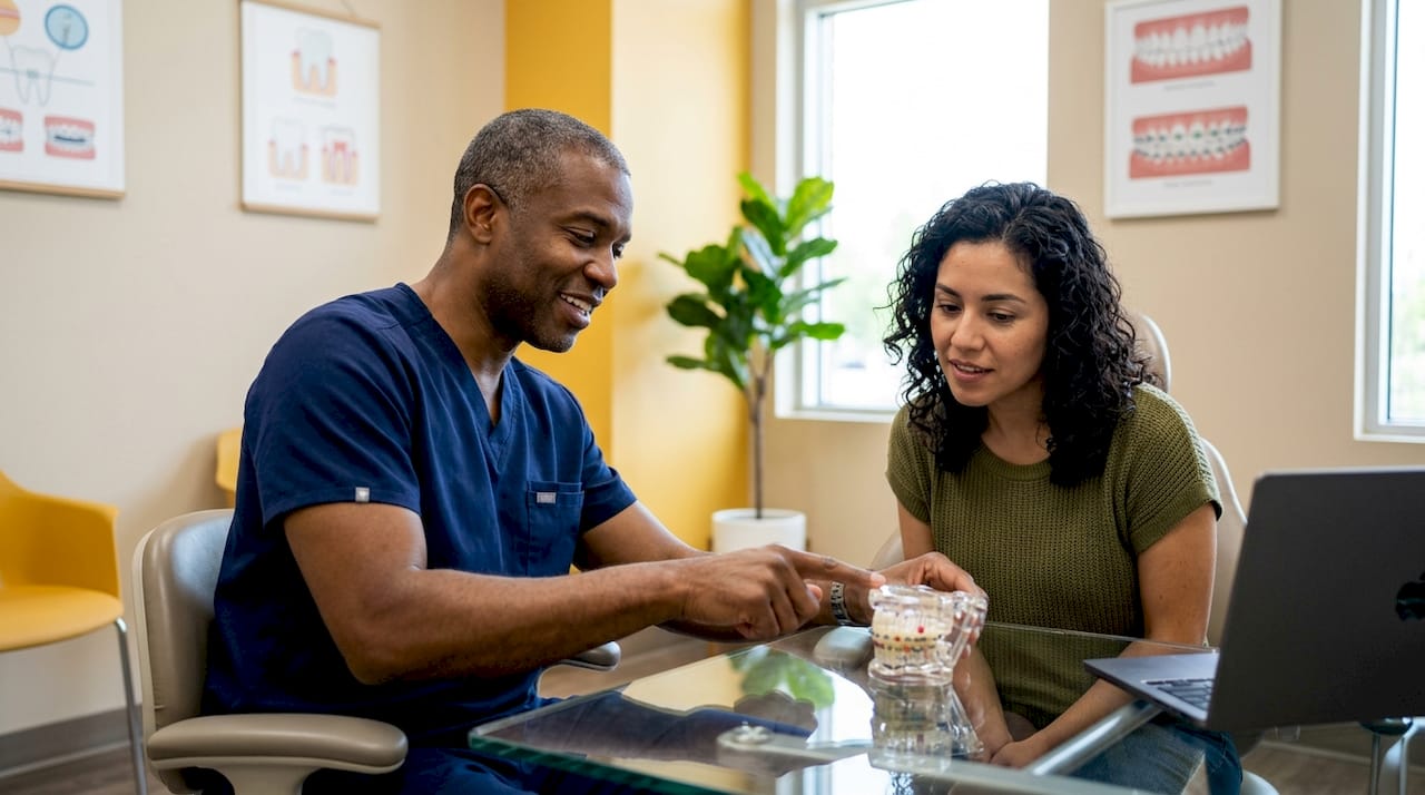 Orthodontist explaining braces types to patient