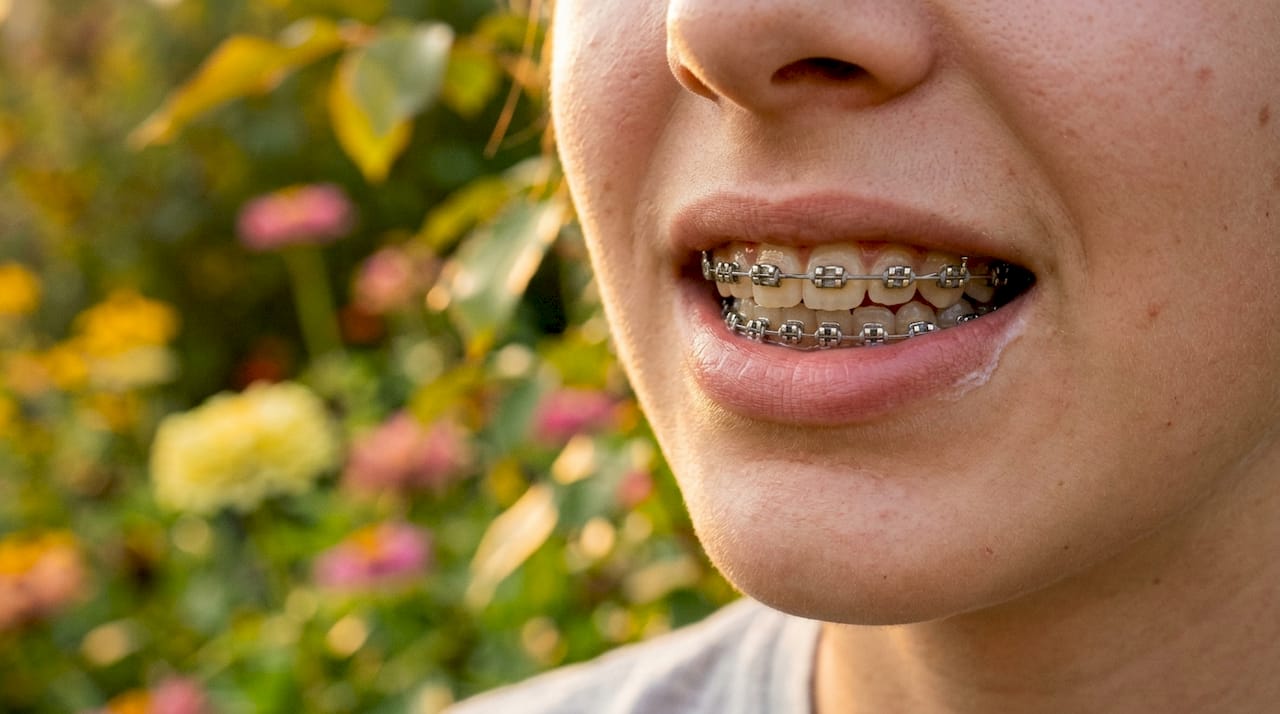 Close-up of teeth with metal braces