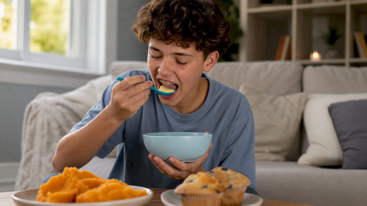 Child eating soft foods after braces placement