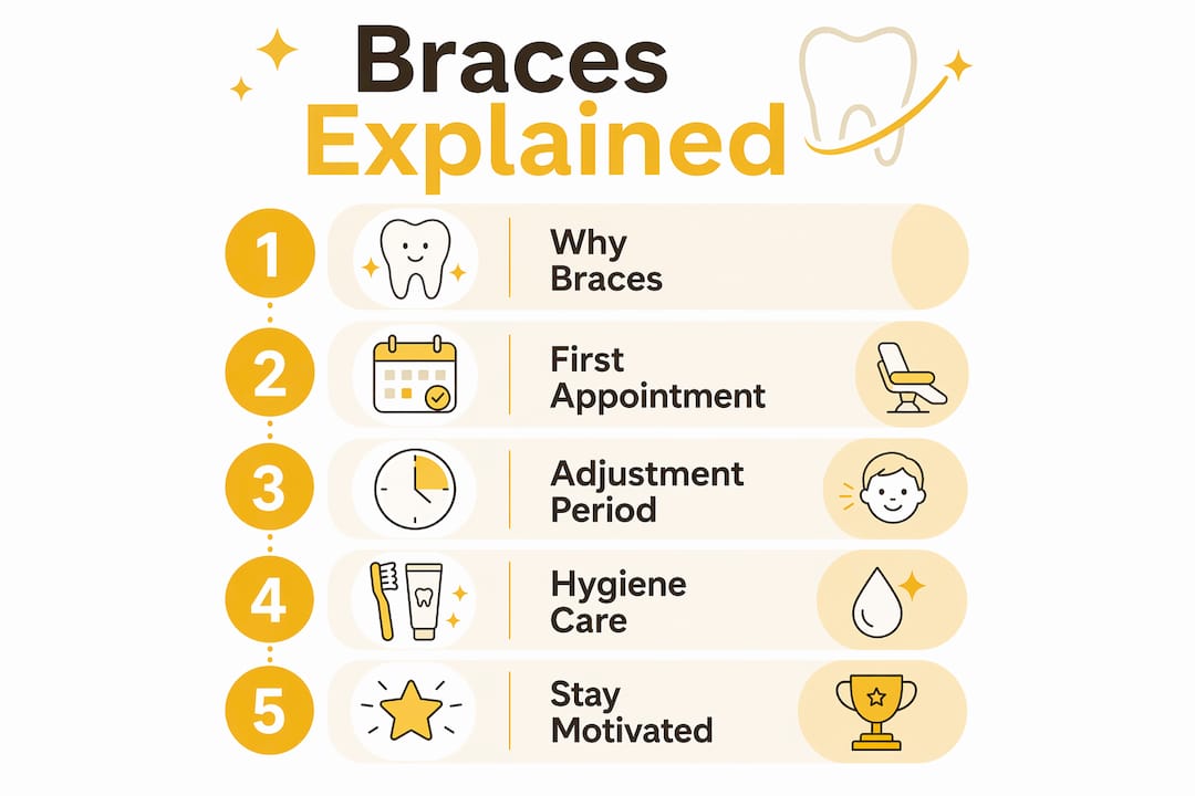 Infographic outlining steps to explain braces to children