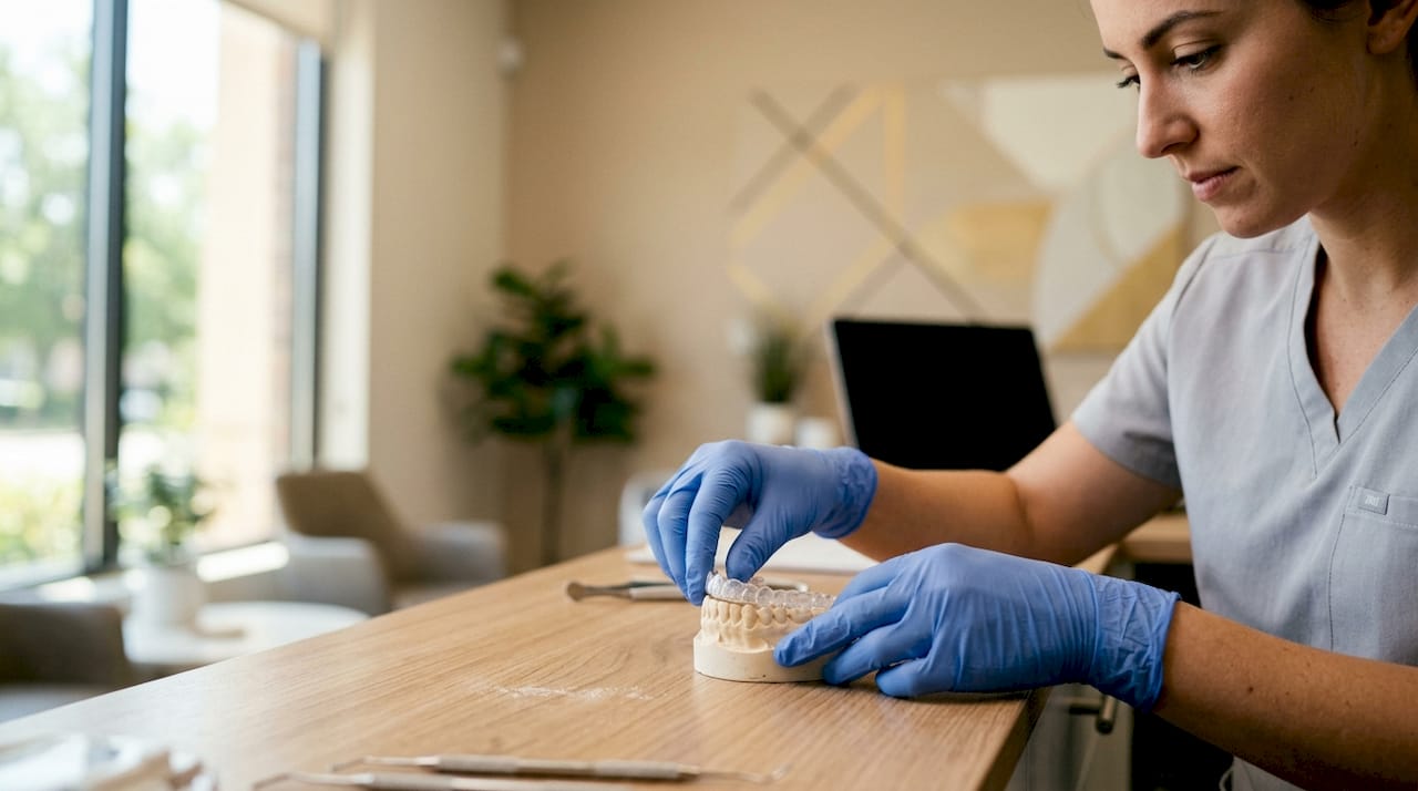 Dentist hands fitting clear aligner on dental model