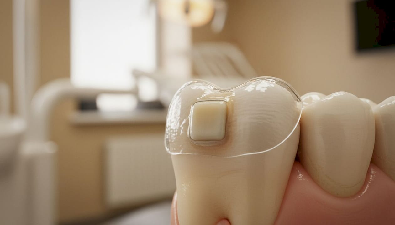 Side profile close-up of tooth with aligner attachment and clear tray