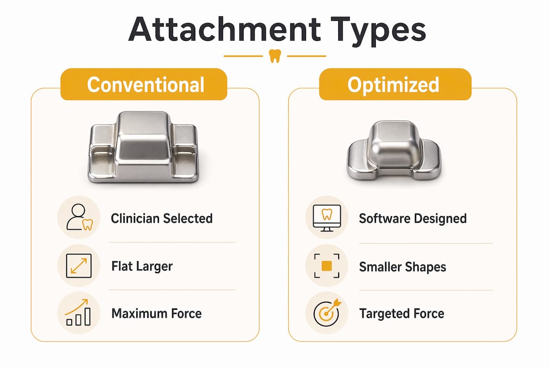 Infographic comparing conventional and optimized aligner attachments
