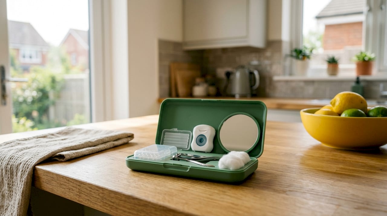 Home orthodontic emergency kit neatly arranged