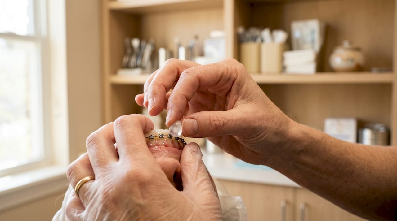 Hands applying orthodontic wax on braces close-up