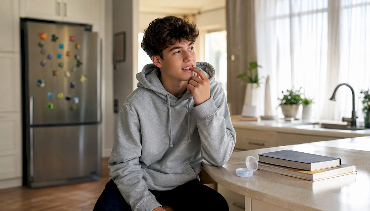 Teen boy managing braces discomfort at home