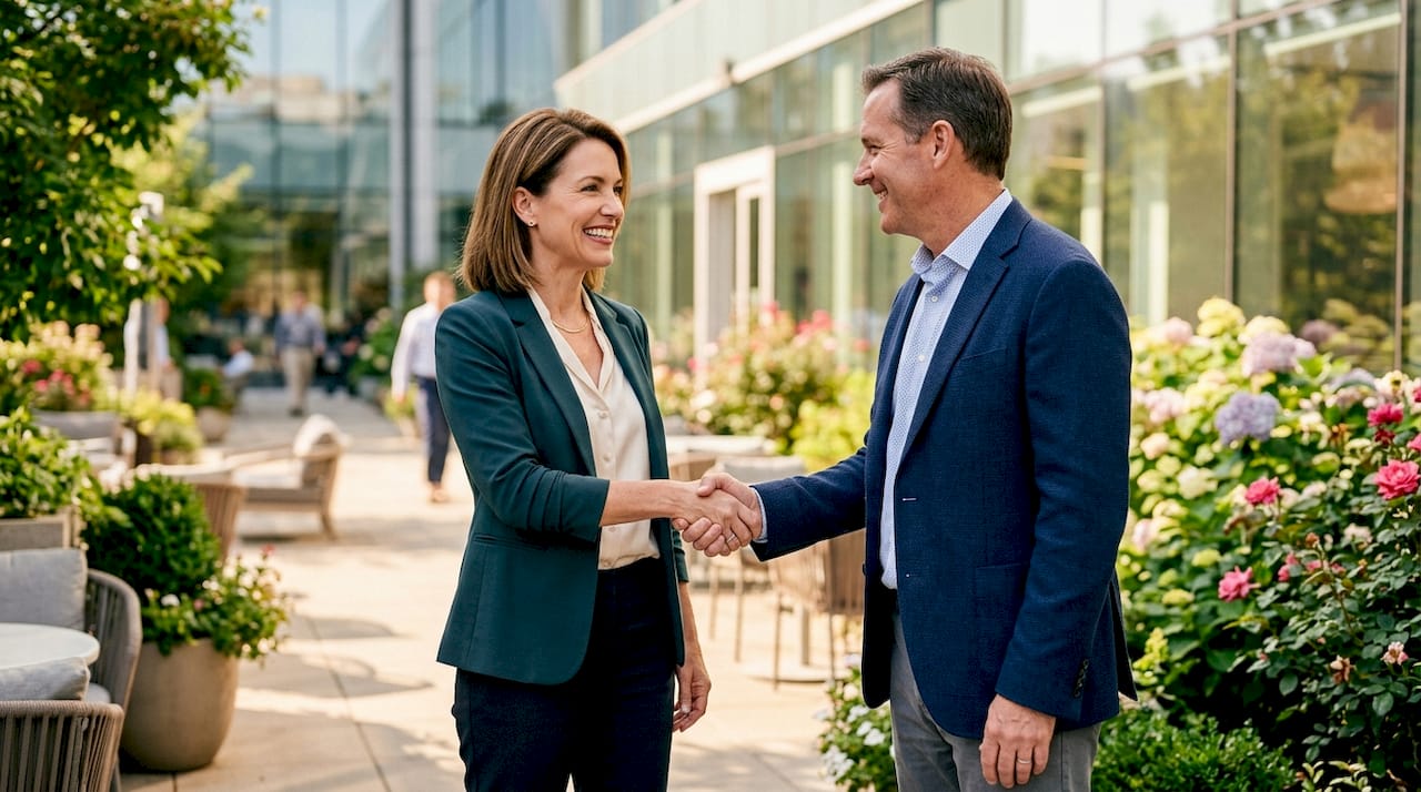 Professionals shaking hands, woman smiling confidently