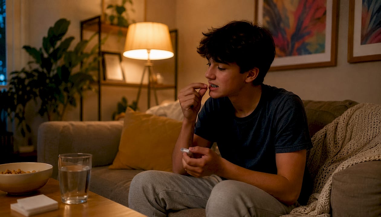 Teen boy applying wax for braces soreness