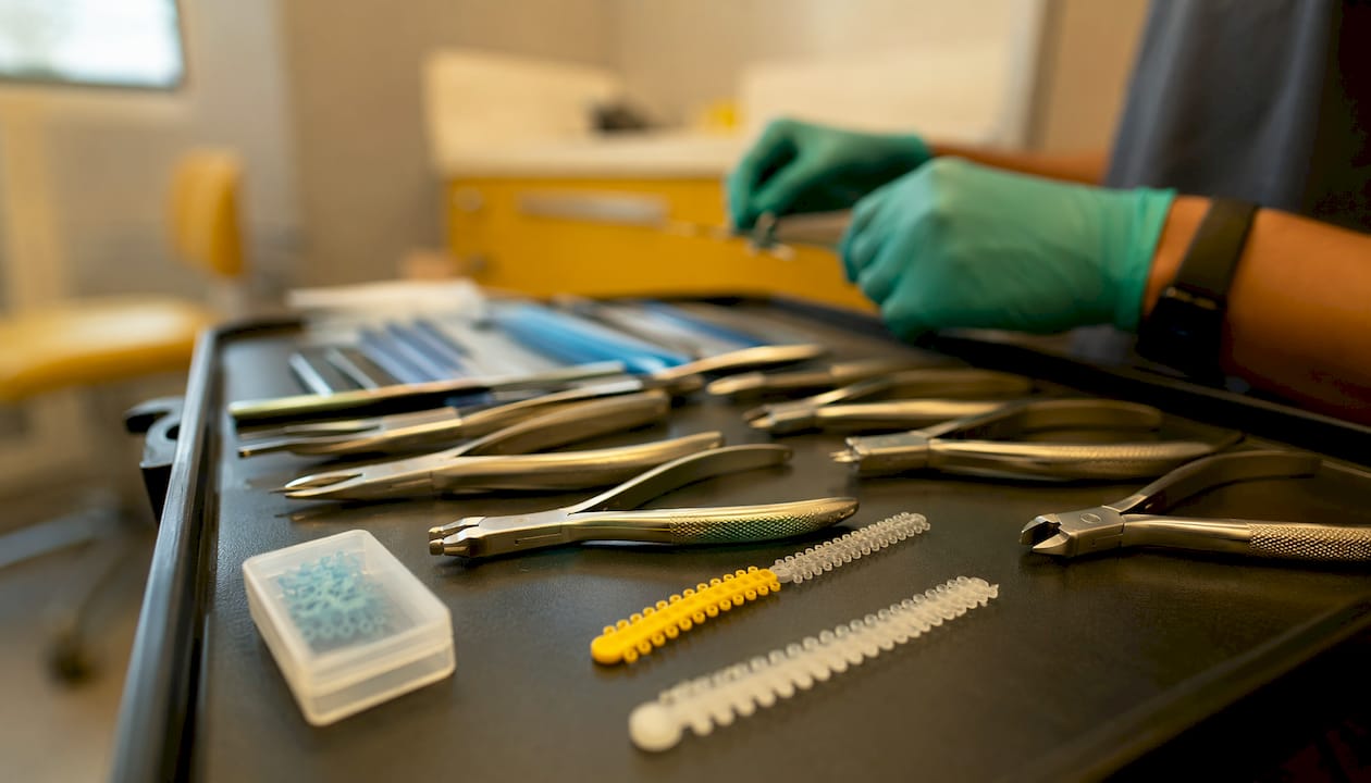 Close-up of orthodontic adjustment tools tray