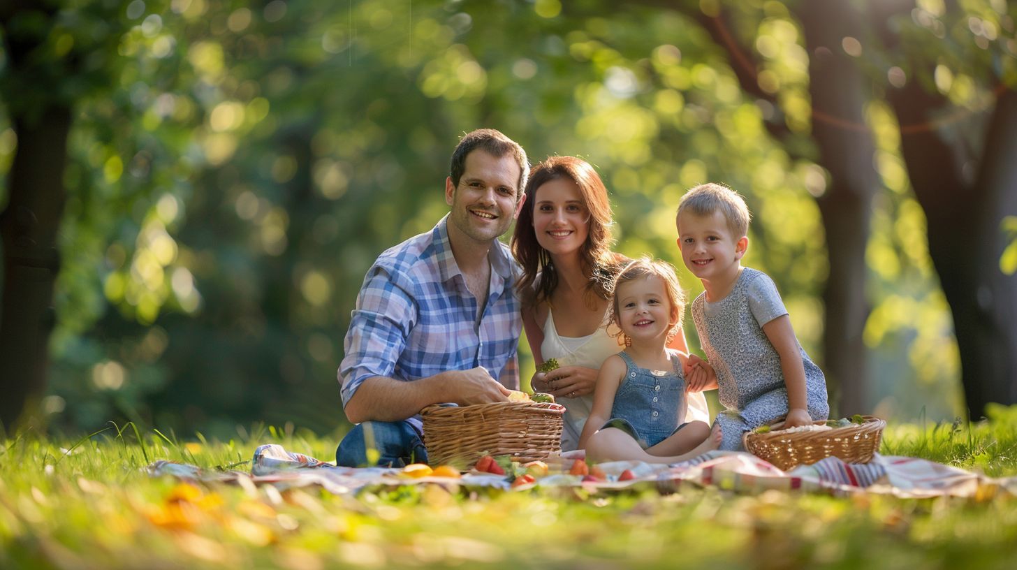 family with baskets in garden
