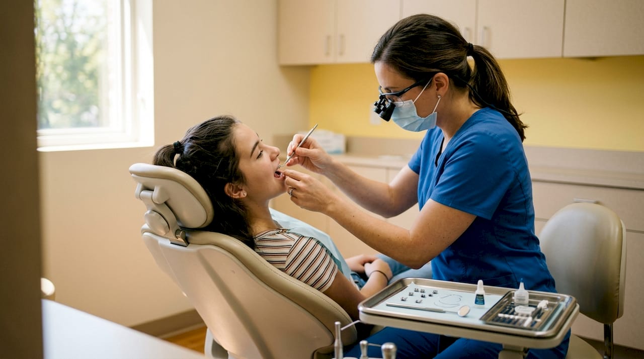 Orthodontist fitting braces on patient teeth