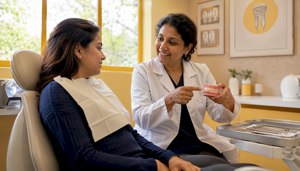 Orthodontist consulting adult patient in clinic