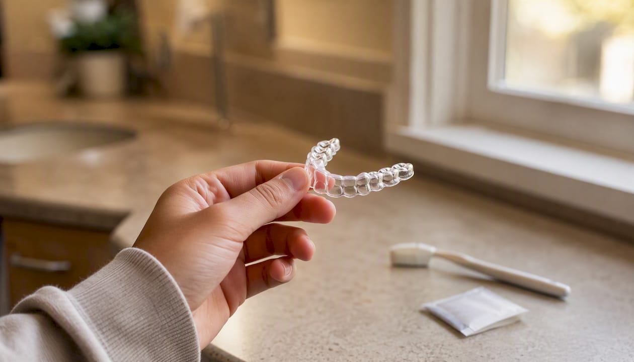 Hand holding clear orthodontic aligner