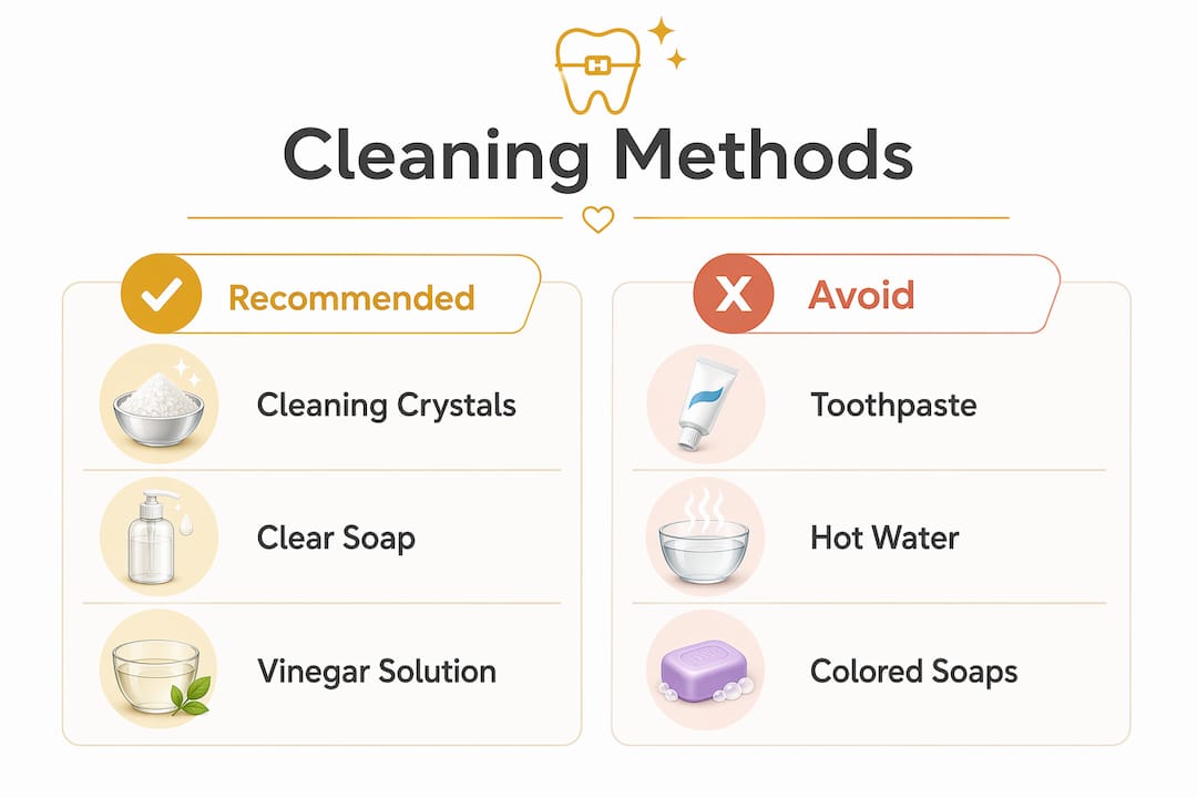 Infographic comparing recommended and avoided Invisalign cleaning methods