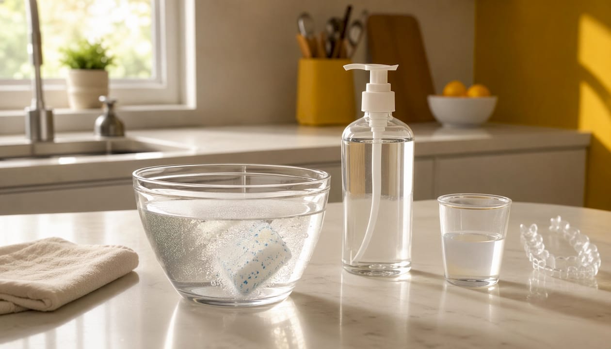 Safe Invisalign cleaning products on bathroom counter