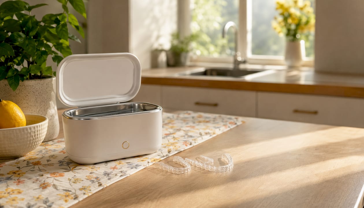 Ultrasonic cleaner with Invisalign aligners on bathroom counter