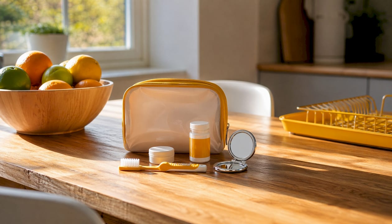 Orthodontic care kit on bathroom counter