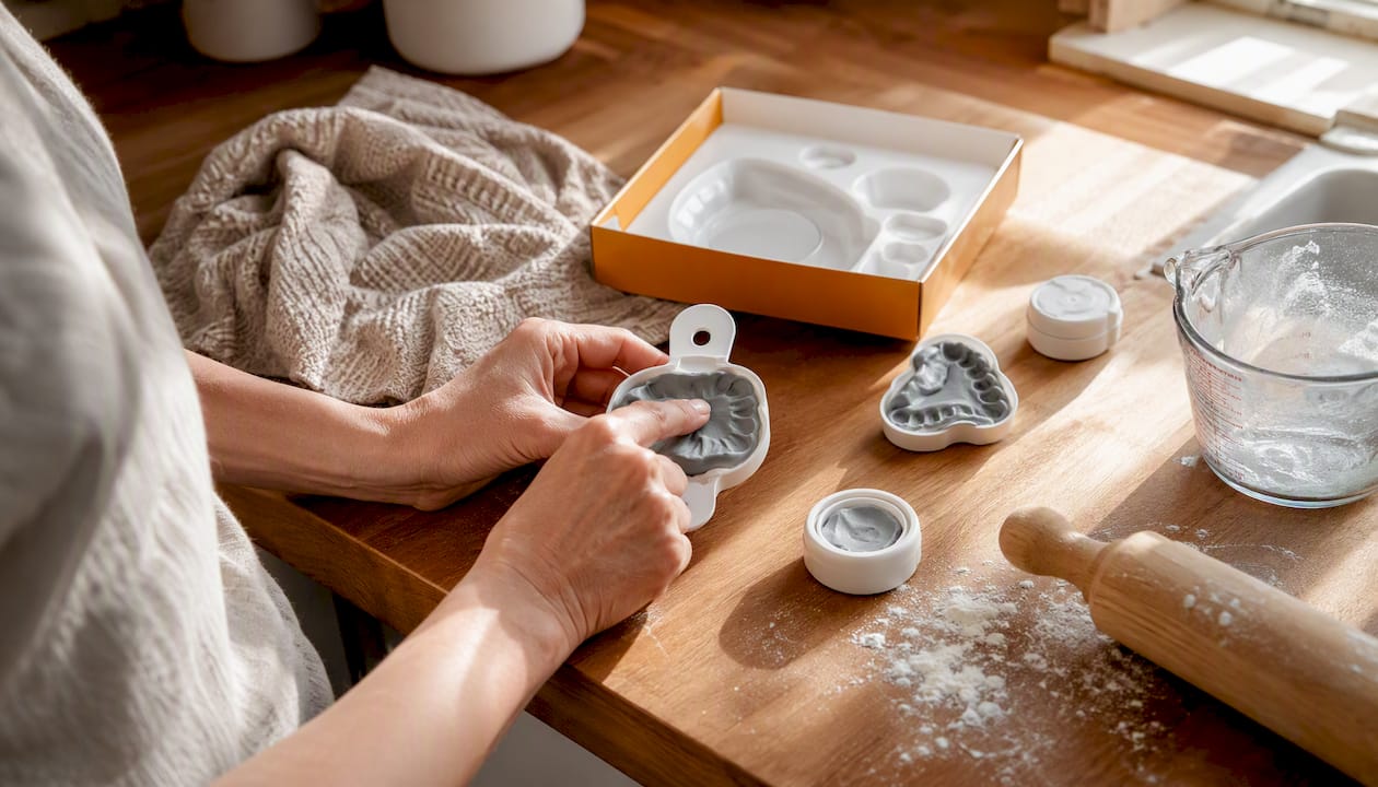 Hand pressing dental putty into impression tray