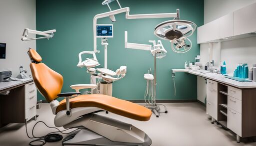 An orthodontic examination room with dental tools and equipment.