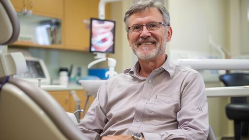 A person seated in a dentist's chair with modern orthodontic equipment.